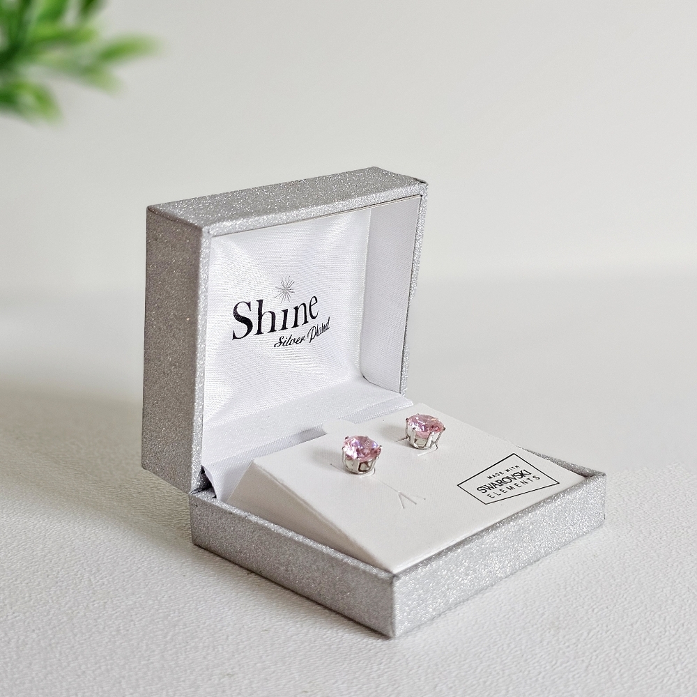 NEW Shine Silver Plated Made With Swarovski Elements Pink Studs Earrings